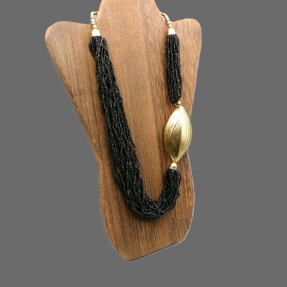 Vtg Black Multi Stand Seed Bead Necklace with Large Brass Accent, Assymetrical - Picture 1 of 7